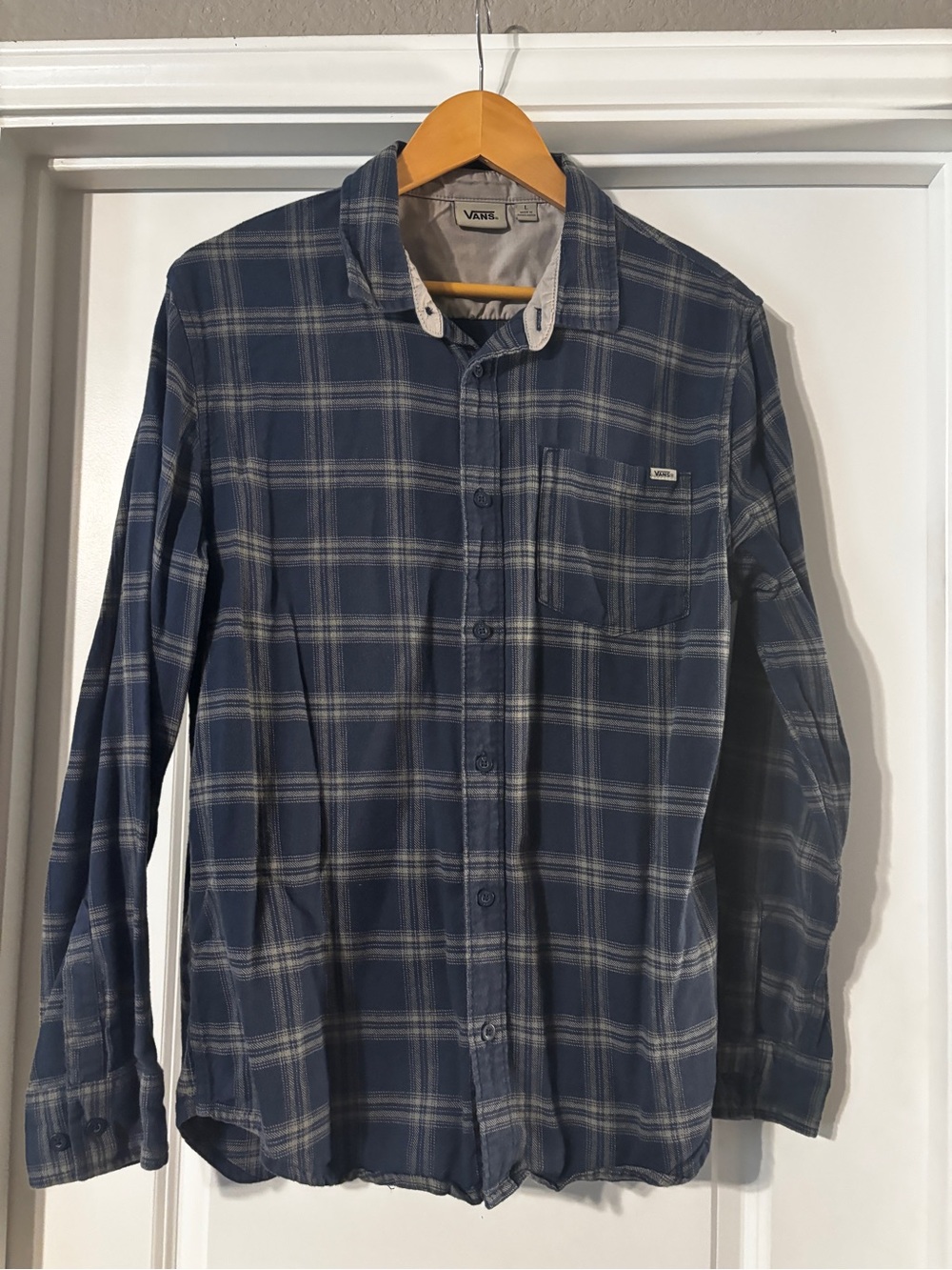 Vans Men's Navy and Gray Plaid Flannel Button-Down Shirt
